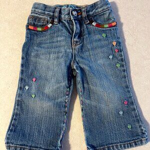 BABY GAP GIRLS EMBROIDERED HEARTS JEANS ADJUSTABLE WAIST SIZE 12-18 MONTHS